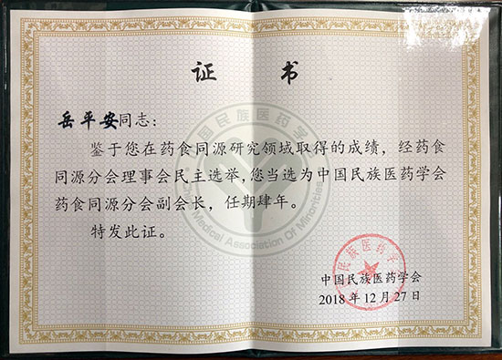 喜訊！恭喜岳平安董事長(zhǎng)榮獲“中國(guó)民族醫(yī)藥學(xué)會(huì)藥食同源分會(huì)副會(huì)長(zhǎng)”